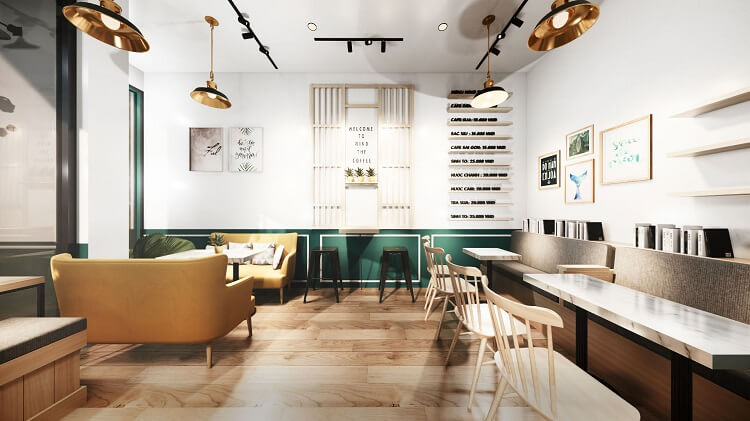 Phân chia không gian hợp lí là điều thường thấy trong thiết kế quán cafe hiện đại