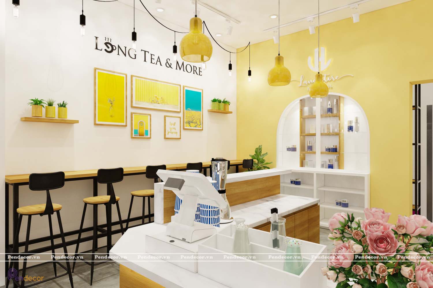 Nếu là người yêu thích không gian quán trà sữa trẻ trung, năng động thì có thể tham khảo kiểu Thiết kế quán trà sữa này.