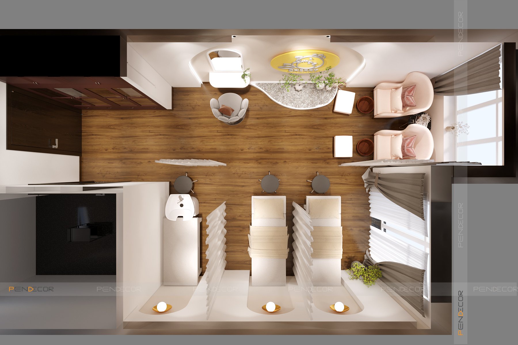 thiết kế spa màu hồng Pendecor